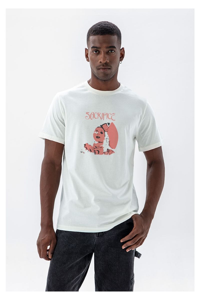 Off White Soft Fabric Sacrifice Design Short Sleeve Tee