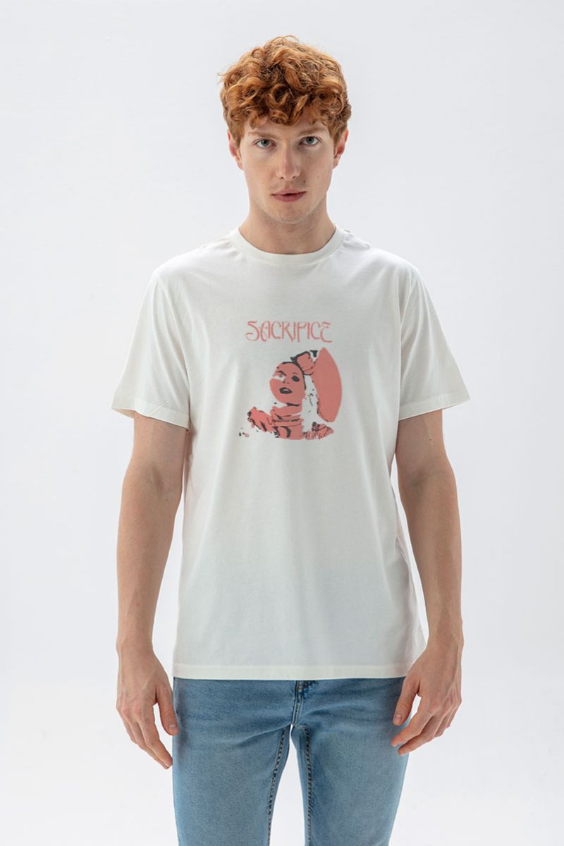 Off White Soft Fabric Sacrifice Design Short Sleeve Tee