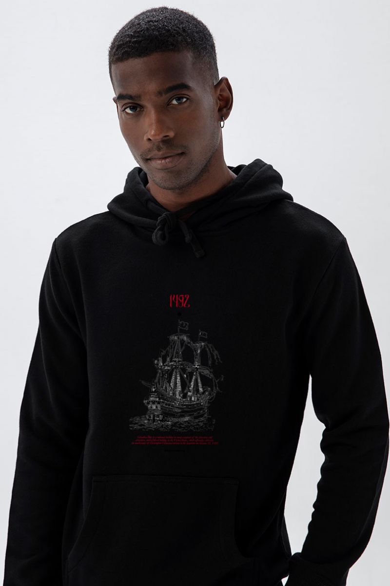 Black Premium Cotton Columbus Day Design Pullover Hoodie