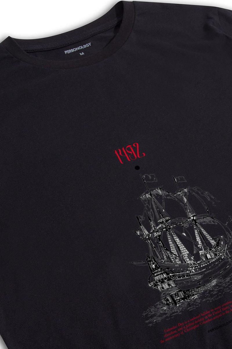 Black Soft Fabric Columbus Day Design Short Sleeve Tee