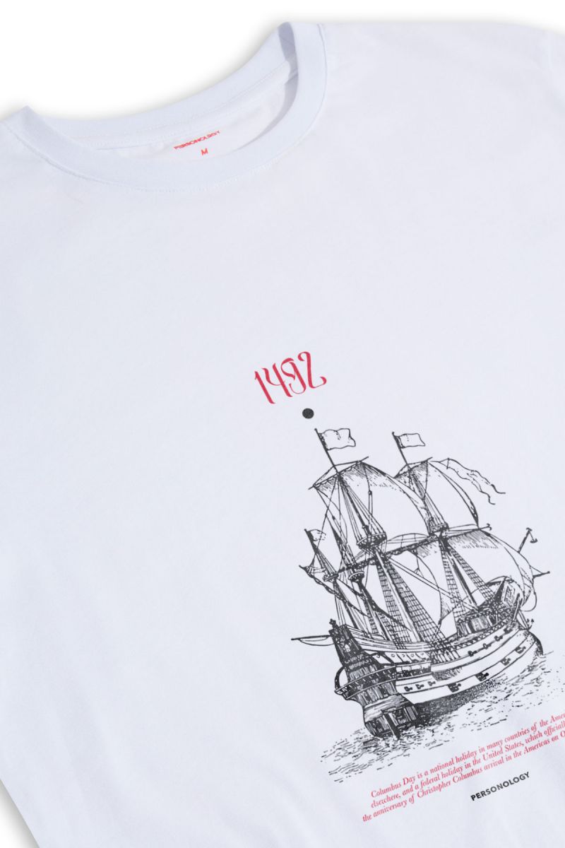 White Soft Fabric Columbus Day Design Short Sleeve Tee