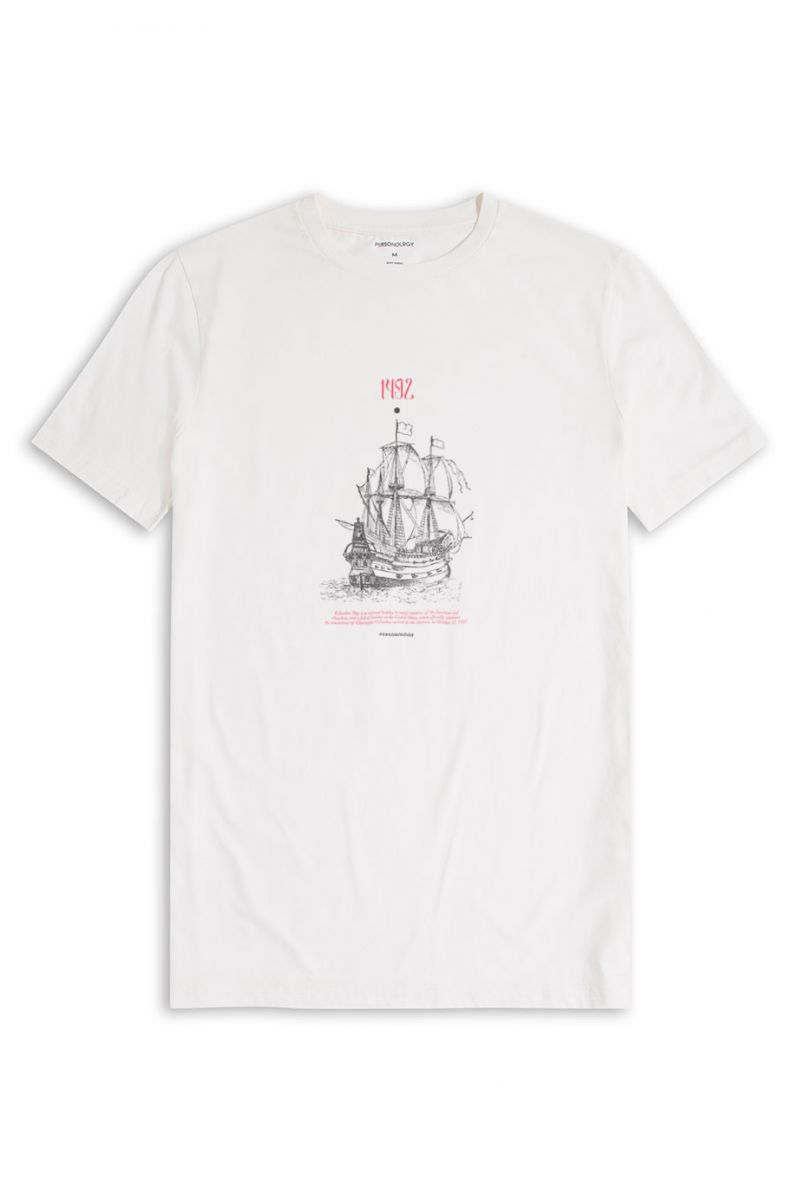 Off White Soft Fabric Columbus Day Design Short Sleeve Tee