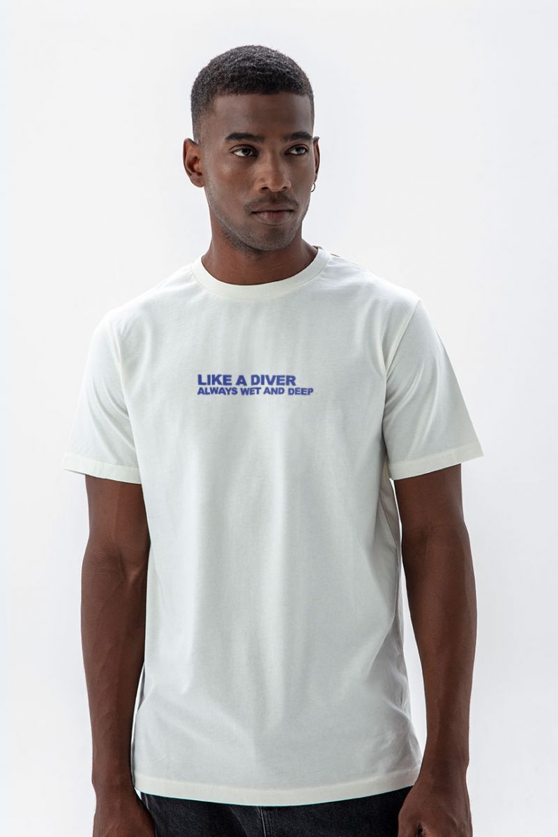 Off White Soft Fabric like a diver always wet and deep Design Short Sleeve Tee