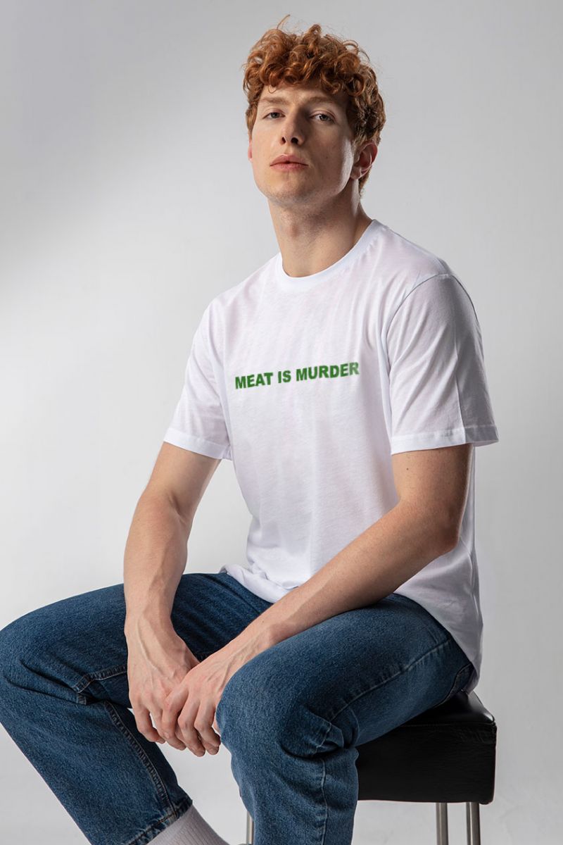 White Soft Fabric meat is murder Design Short Sleeve Tee
