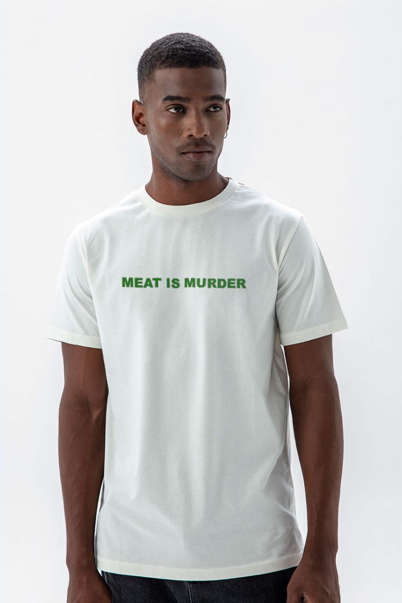 Off White Soft Fabric meat is murder Design Short Sleeve Tee