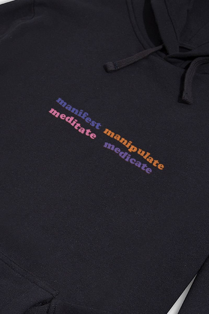 Black Premium Cotton manifest manipulate meditate medicate Design Pullover Hoodie