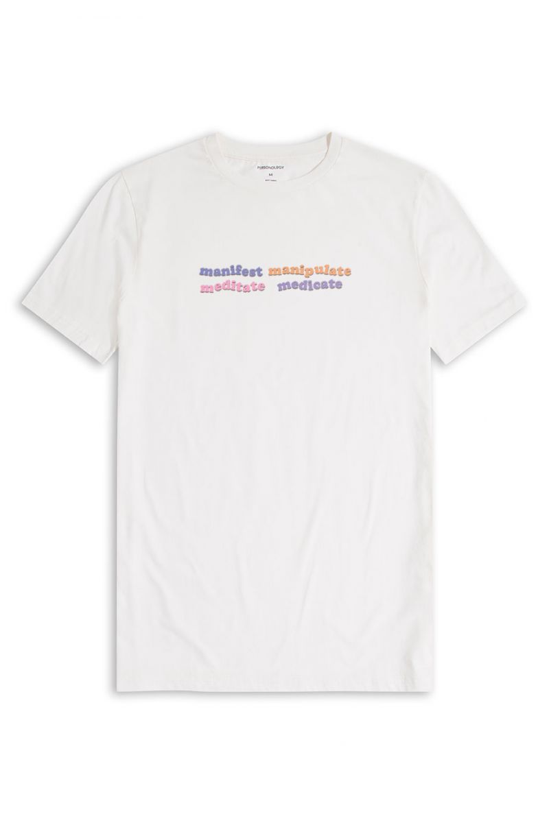 Off White Soft Fabric manifest manipulate meditate medicate Design Short Sleeve Tee