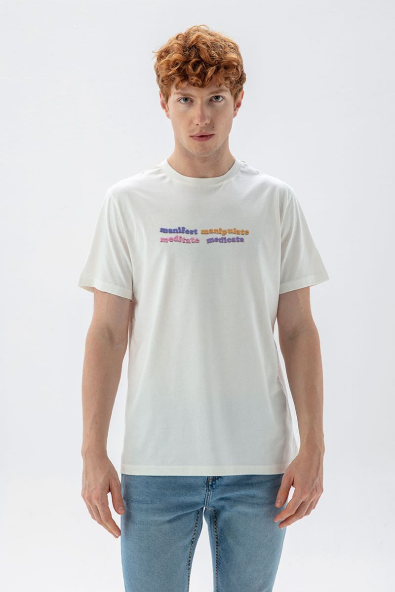 Off White Soft Fabric manifest manipulate meditate medicate Design Short Sleeve Tee