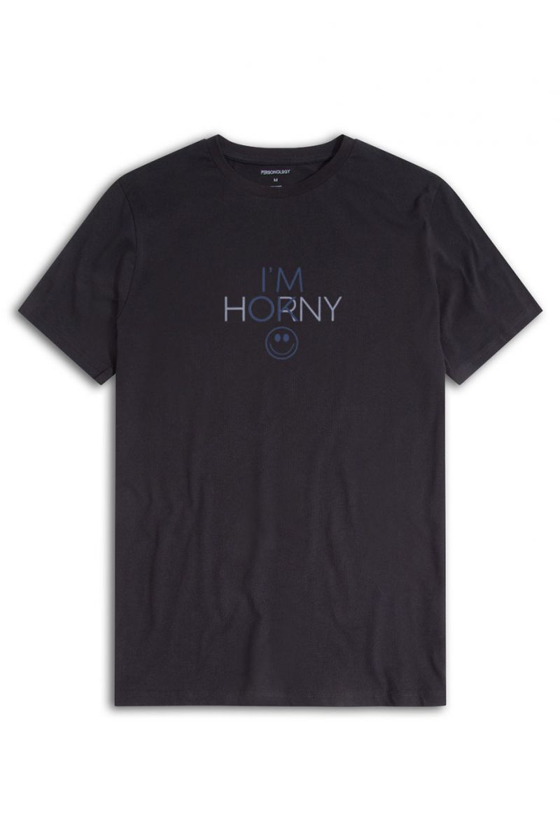 Black Soft Fabric i am horny , i am ok  Design Short Sleeve Tee