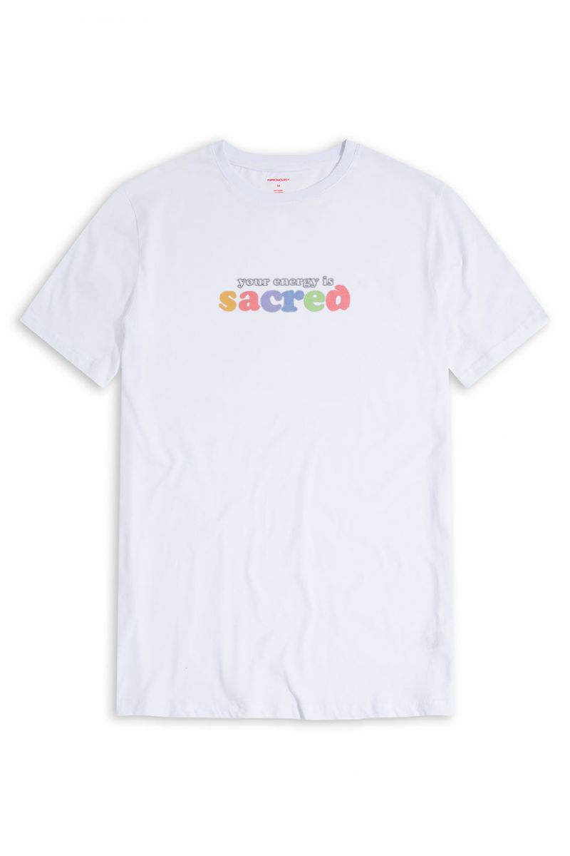 White Soft Fabric your energy is sacred Design Short Sleeve Tee
