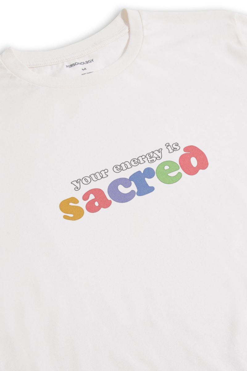 Off White Soft Fabric your energy is sacred Design Short Sleeve Tee