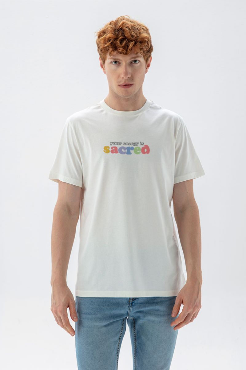 Off White Soft Fabric your energy is sacred Design Short Sleeve Tee