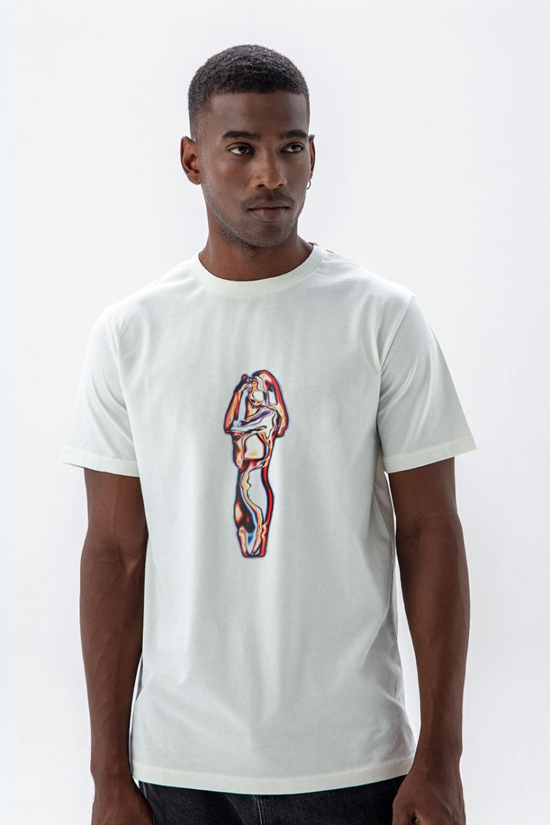 Off White Soft Fabric Awake Design Short Sleeve Tee