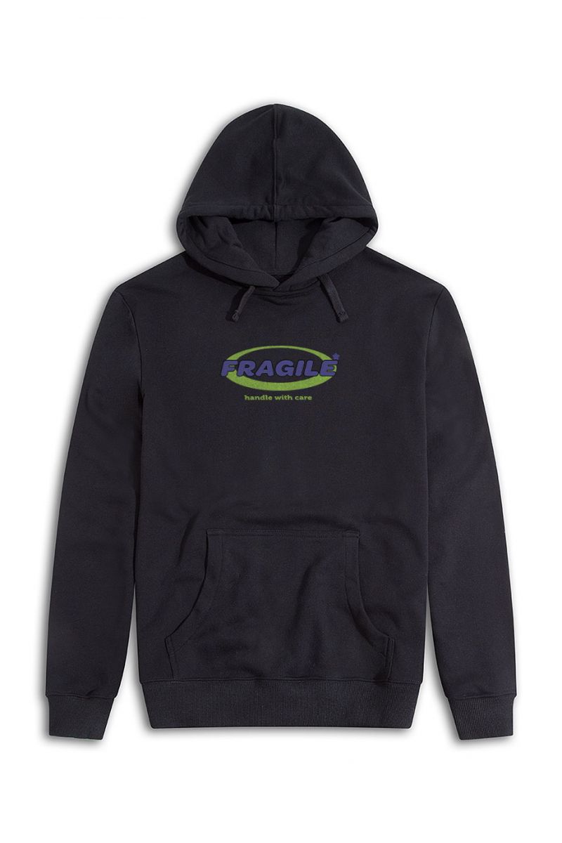 Black Premium Cotton Fragile , Handle with Care Design Pullover Hoodie