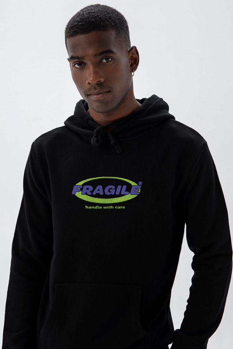 Black Premium Cotton Fragile , Handle with Care Design Pullover Hoodie