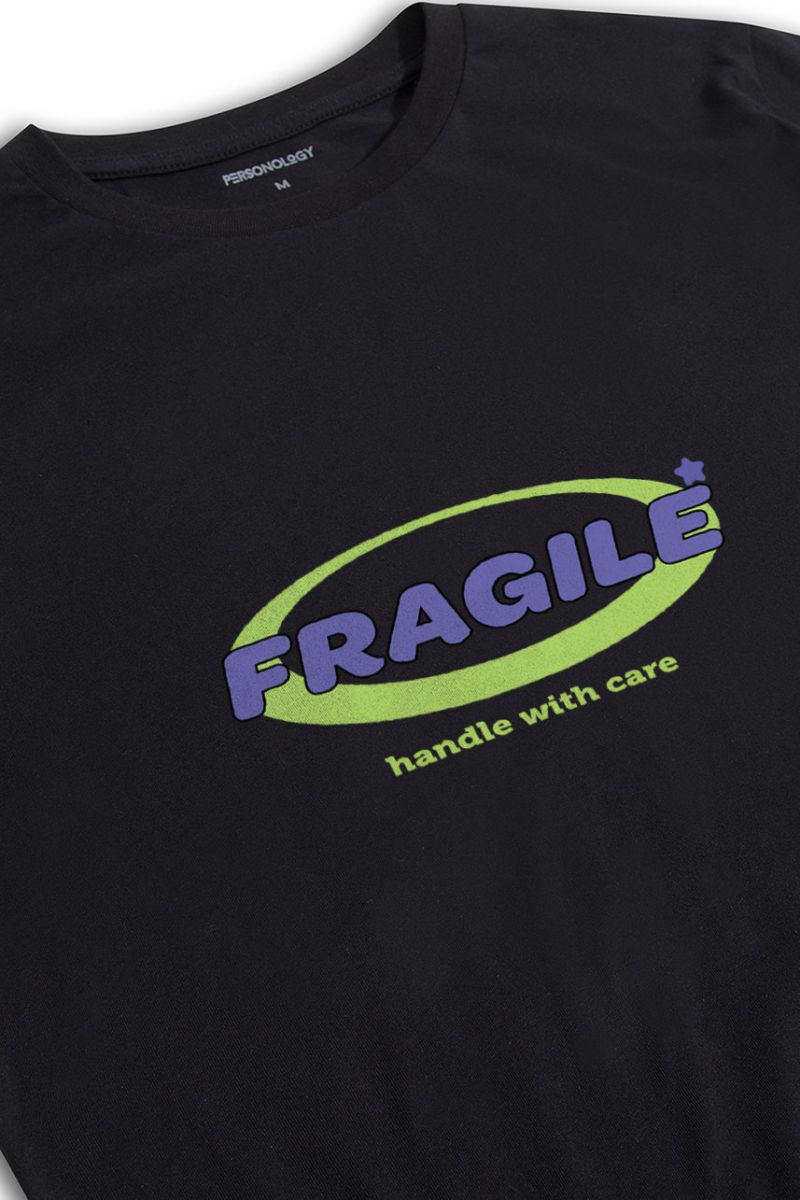 Black Soft Fabric Fragile , Handle with Care Design Short Sleeve Tee