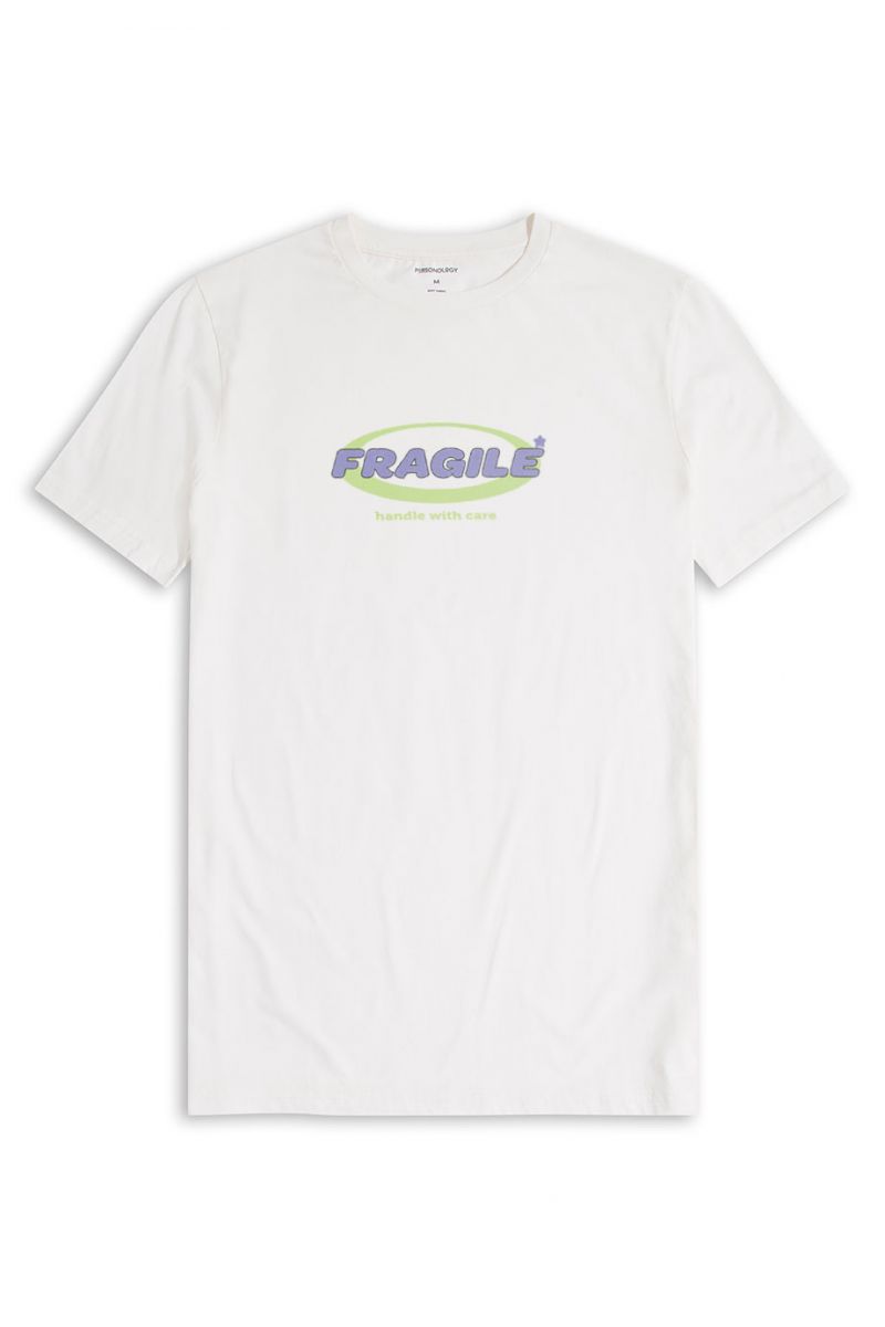 Off White Soft Fabric Fragile , Handle with Care Design Short Sleeve Tee