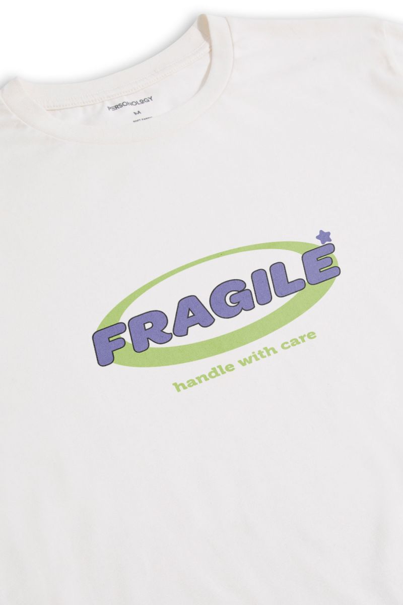 Off White Soft Fabric Fragile , Handle with Care Design Short Sleeve Tee