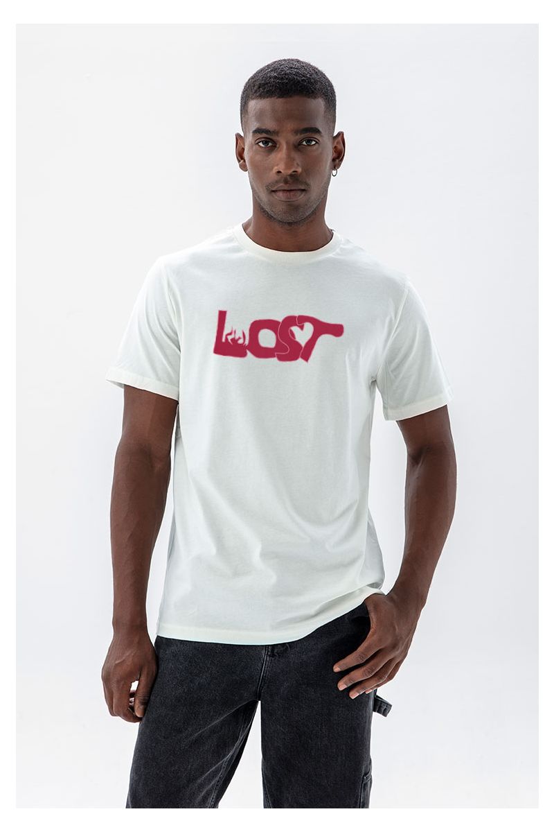 Off White Soft Fabric Lost Design Short Sleeve Tee
