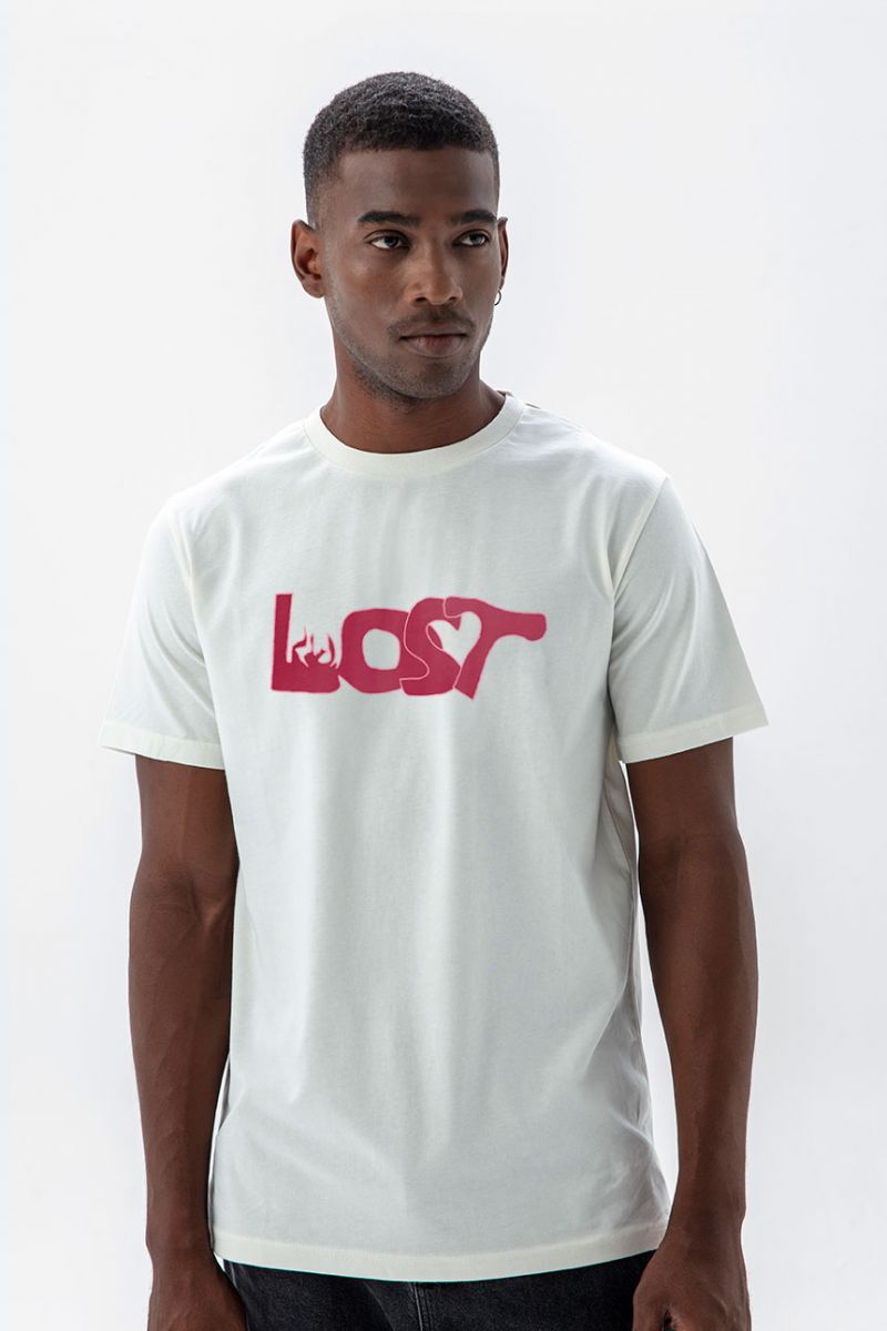 Off White Soft Fabric Lost Design Short Sleeve Tee