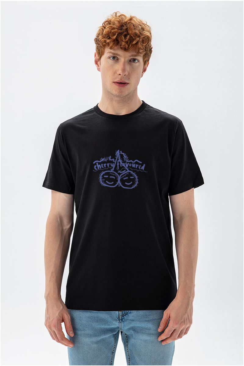 Black Soft Fabric Cherry Flavoured Design Short Sleeve Tee