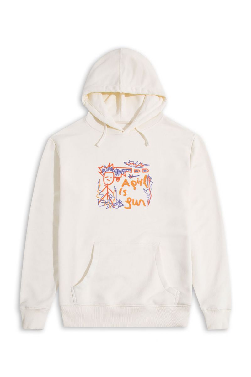 Ecru Premium Cotton A Girl is A Gun Design Pullover Hoodie
