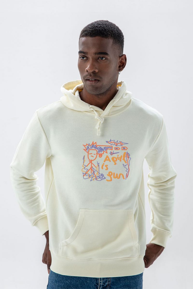 Ecru Premium Cotton A Girl is A Gun Design Pullover Hoodie