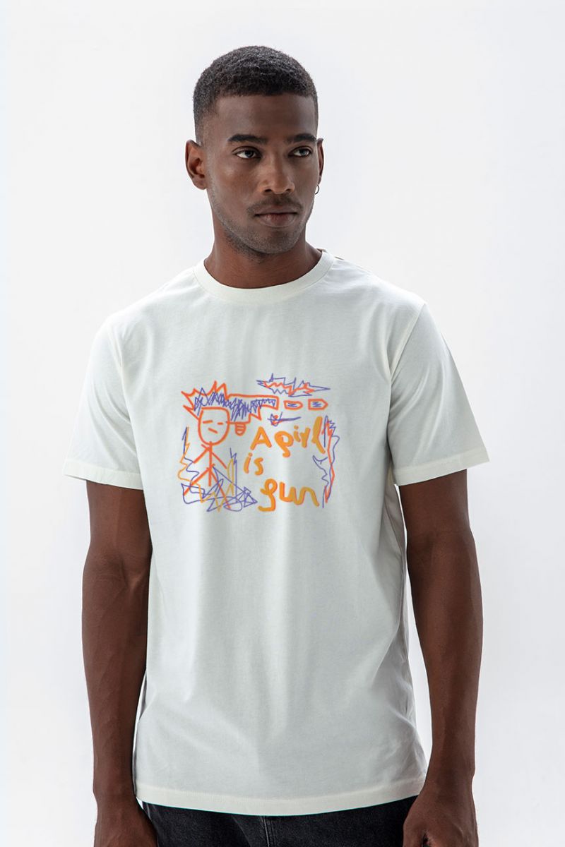 Off White Soft Fabric A Girl is A Gun Design Short Sleeve Tee