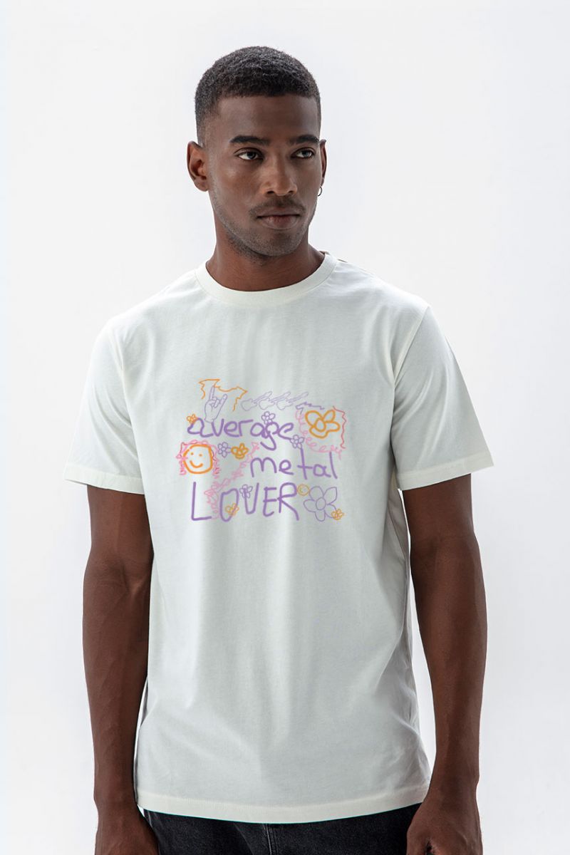 Off White Soft Fabric Average Metal Lover Design Short Sleeve Tee