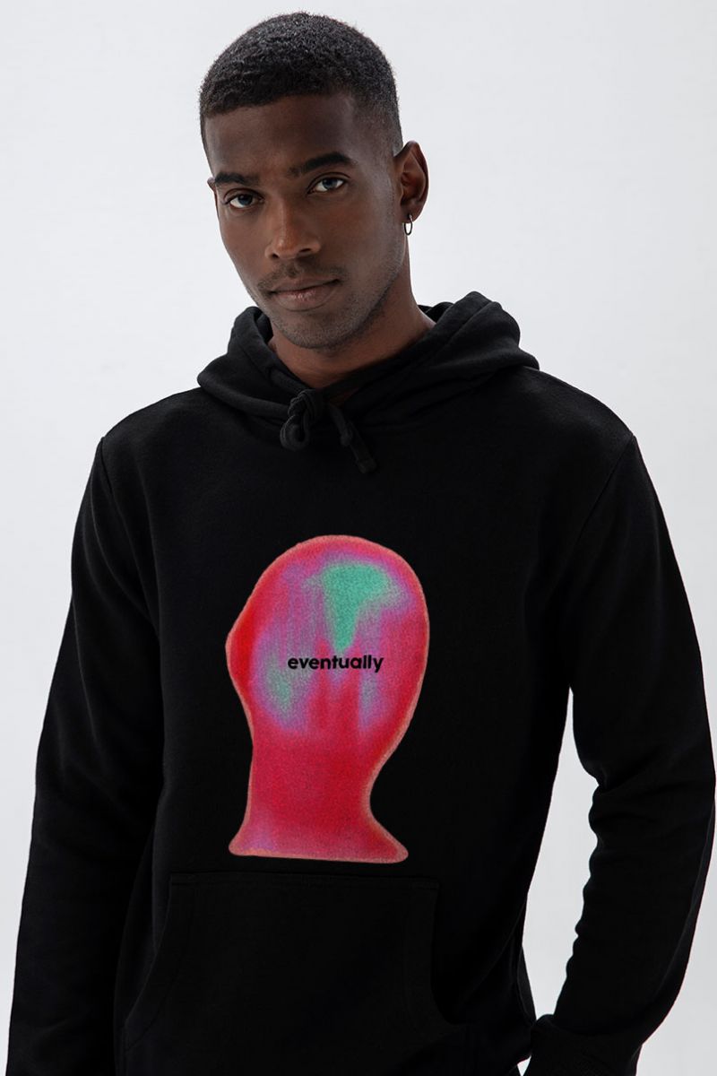 Black Premium Cotton Eventually Design Pullover Hoodie