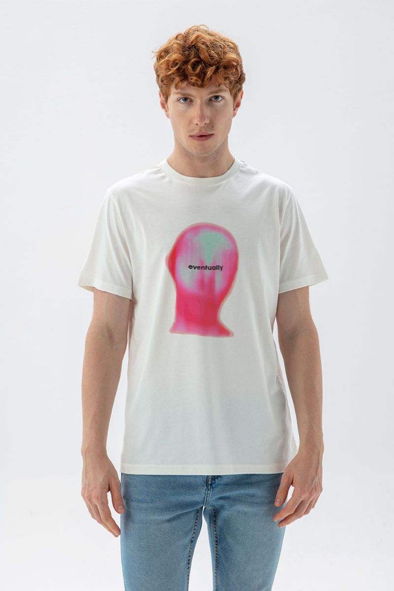 Off White Soft Fabric Eventually Design Short Sleeve Tee