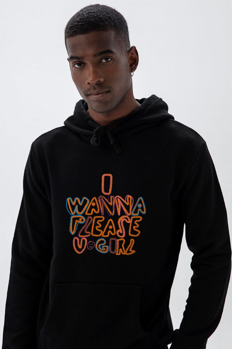 Black Premium Cotton I Wanna Please U Girl Design Pullover Hoodie