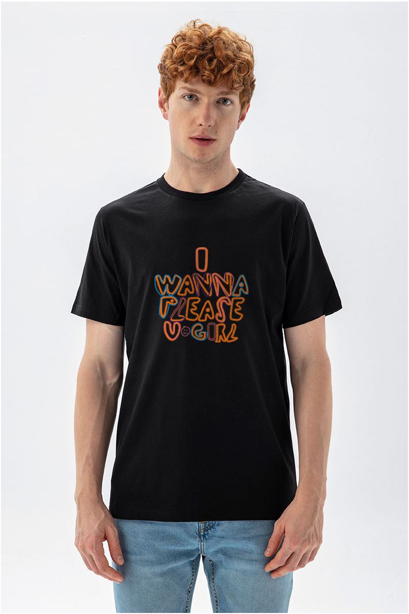 Black Soft Fabric I Wanna Please U Girl Design Short Sleeve Tee
