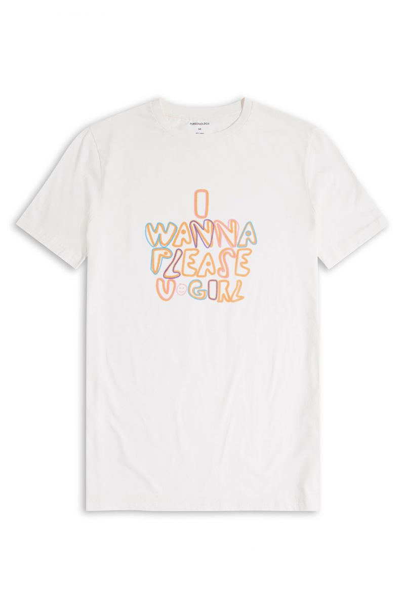Off White Soft Fabric I Wanna Please U Girl Design Short Sleeve Tee