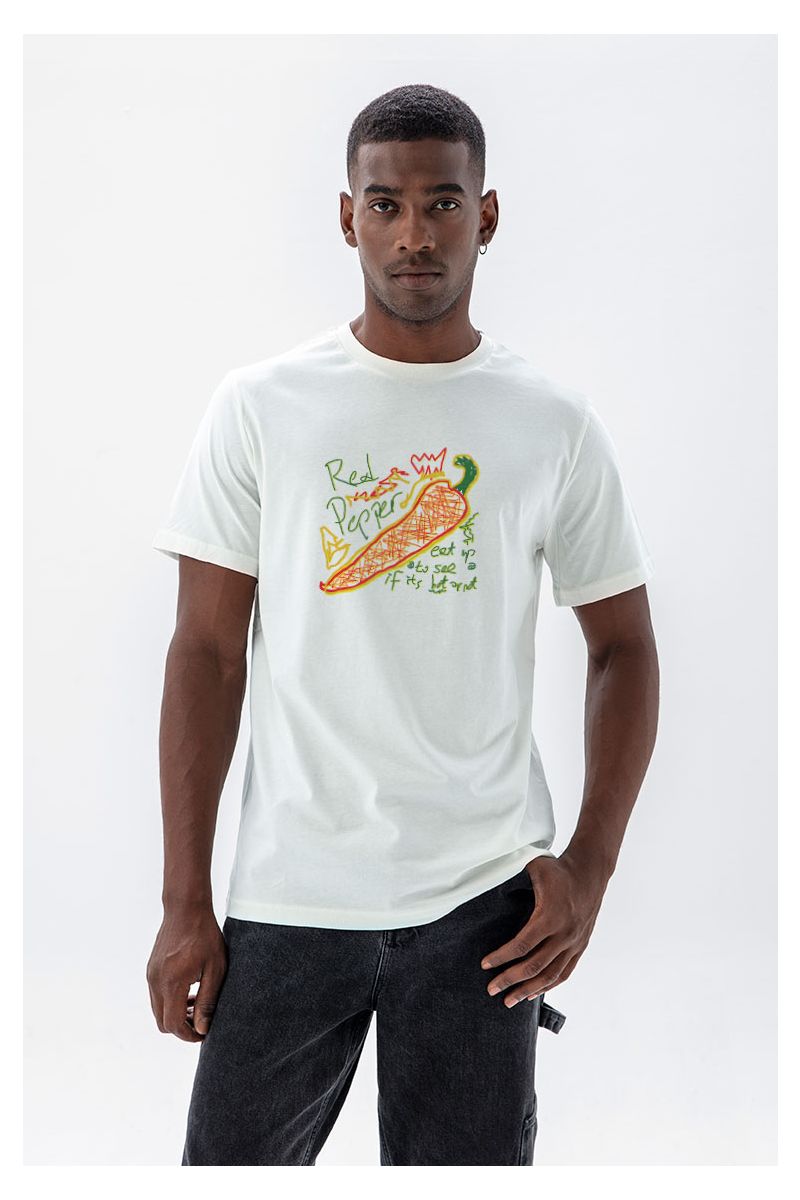Off White Soft Fabric Red Hot Pepper, Eat up to see if it is hot or not Design Short Sleeve Tee