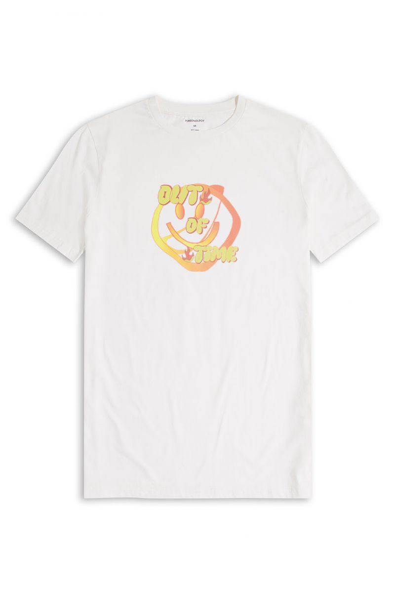 Off White Soft Fabric Out of Time Design Short Sleeve Tee