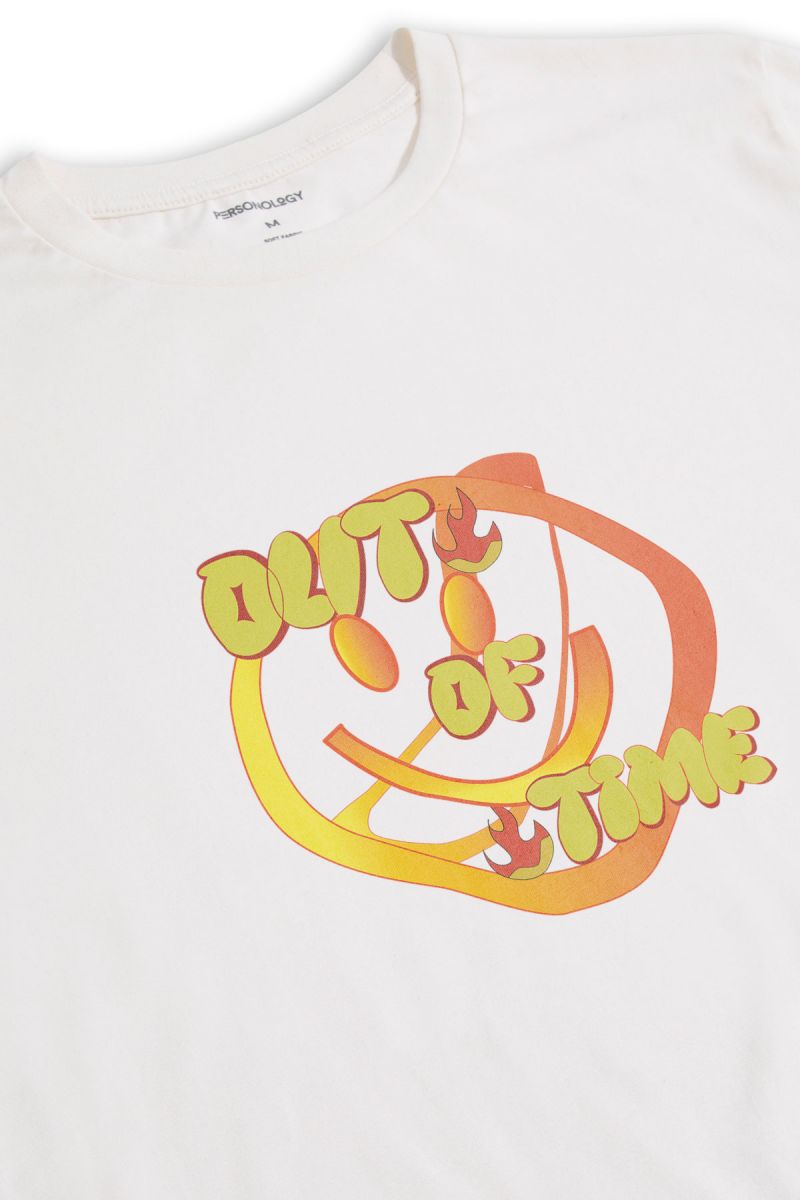 Off White Soft Fabric Out of Time Design Short Sleeve Tee