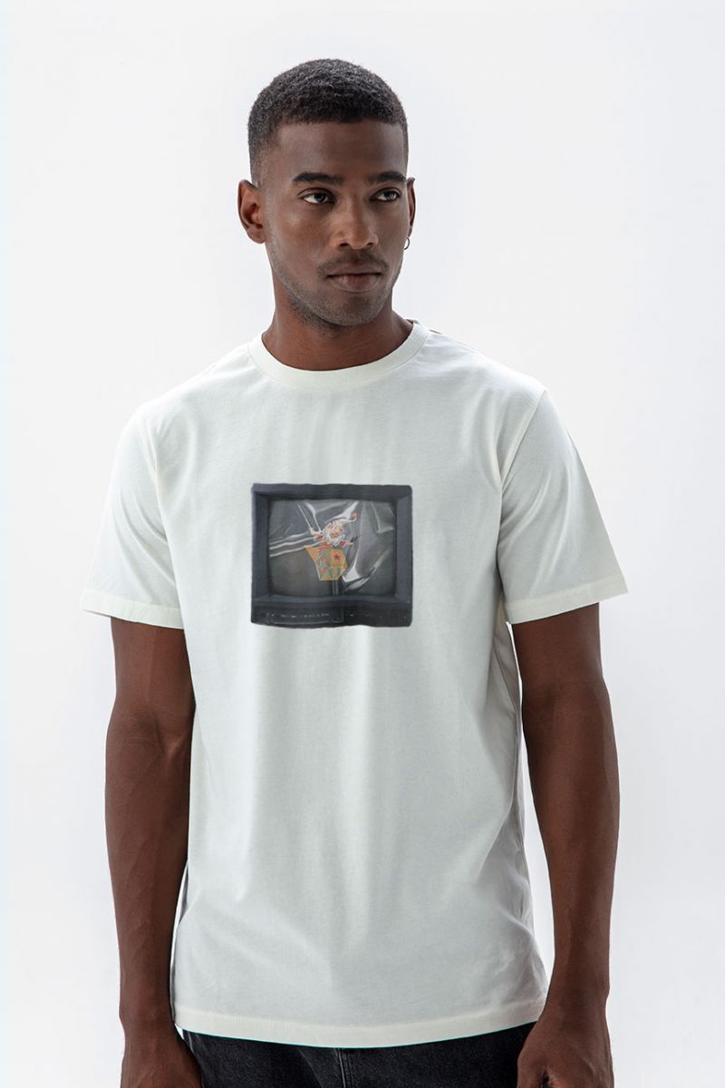 Off White Soft Fabric Circus Design Short Sleeve Tee