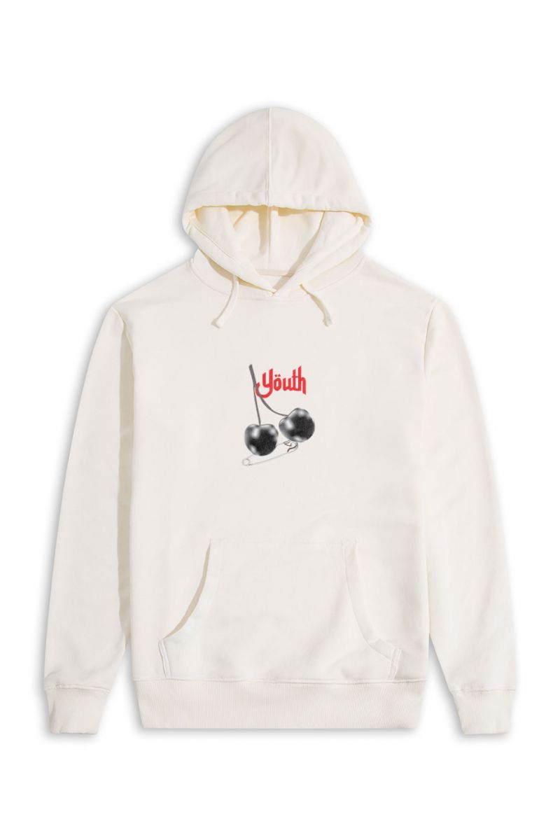 Ecru Premium Cotton Black Cherry Design Pullover Hoodie