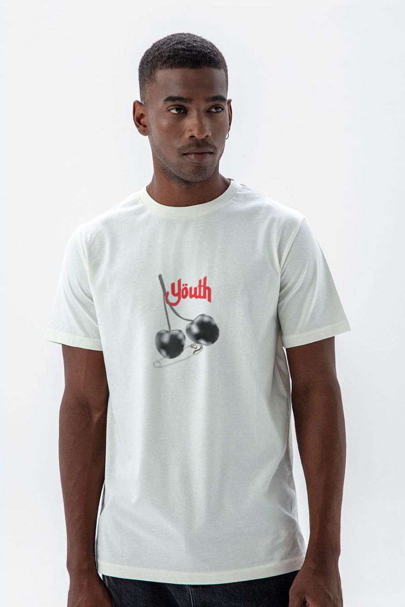 Off White Soft Fabric Black Cherry Design Short Sleeve Tee