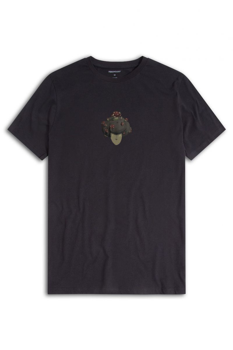 Black Soft Fabric Soil Mushroom Design Short Sleeve Tee