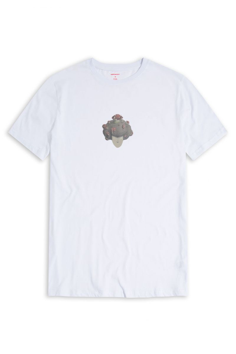 White Soft Fabric Soil Mushroom Design Short Sleeve Tee
