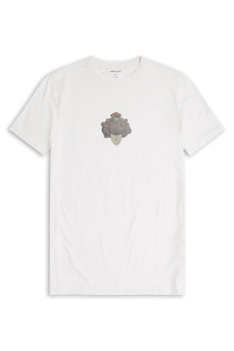 Off White Soft Fabric Soil Mushroom Design Short Sleeve Tee