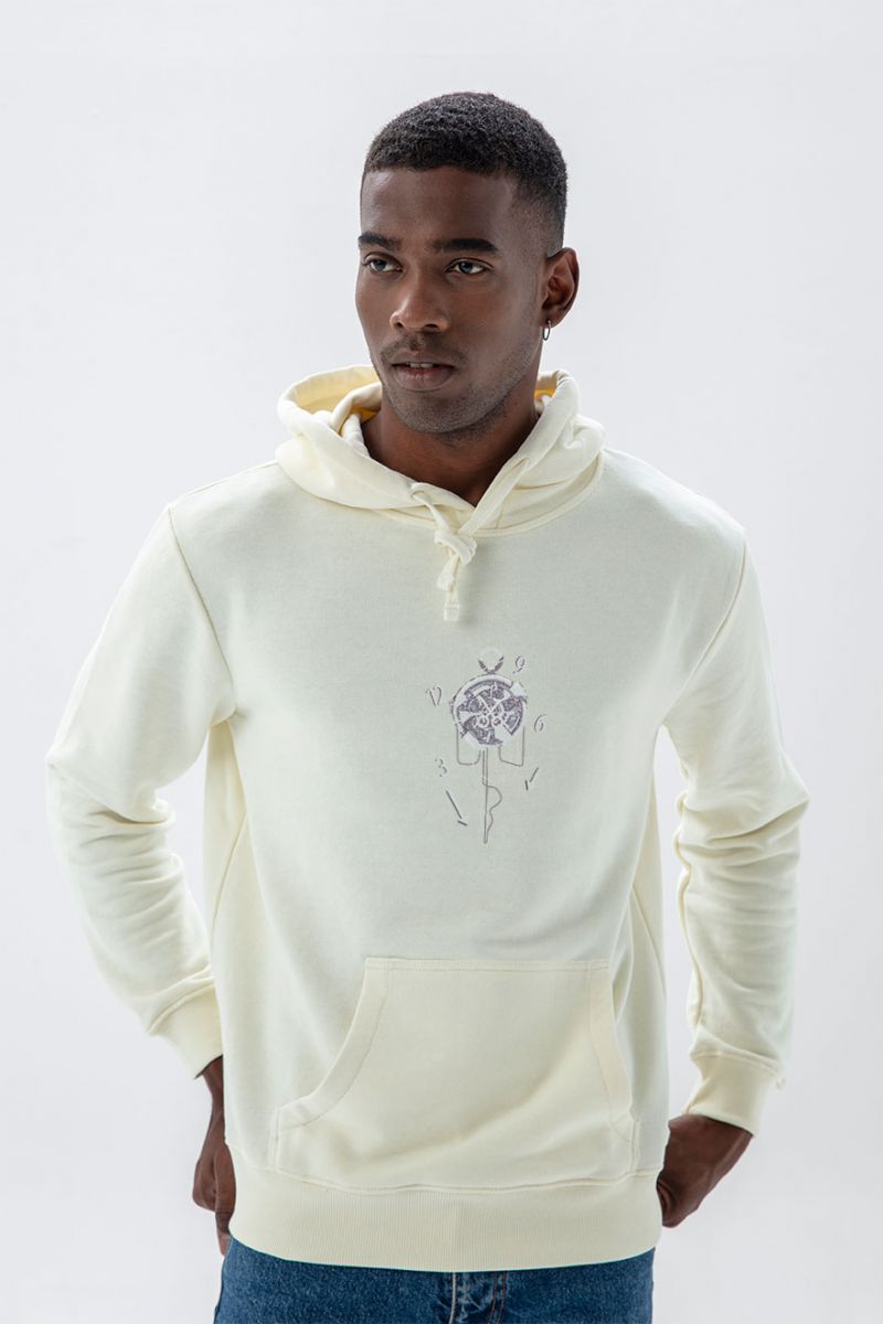 Ecru Premium Cotton Art of Time Design Pullover Hoodie