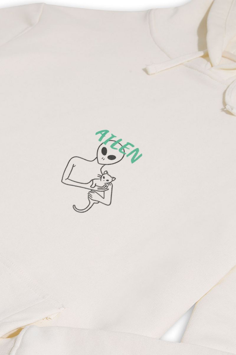Ecru Premium Cotton Cat Design Pullover Hoodie