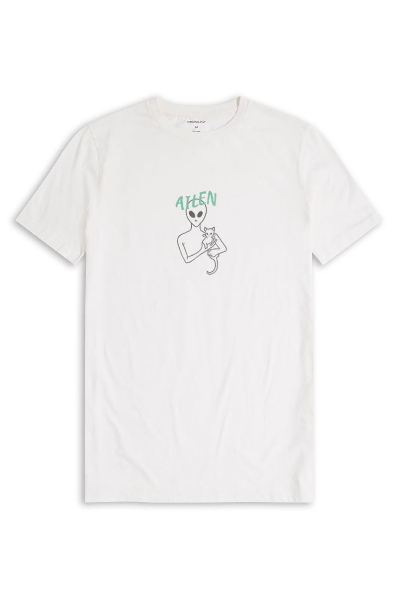 Off White Soft Fabric Cat Design Short Sleeve Tee
