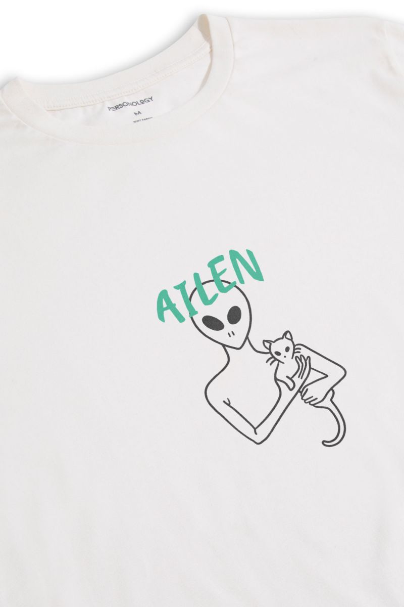 Off White Soft Fabric Cat Design Short Sleeve Tee