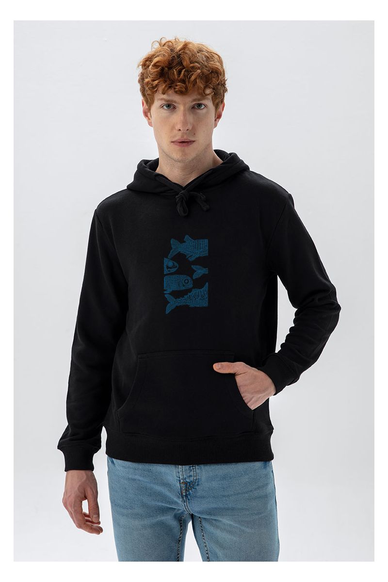 Black Premium Cotton Freedom in Ocean Design Pullover Hoodie