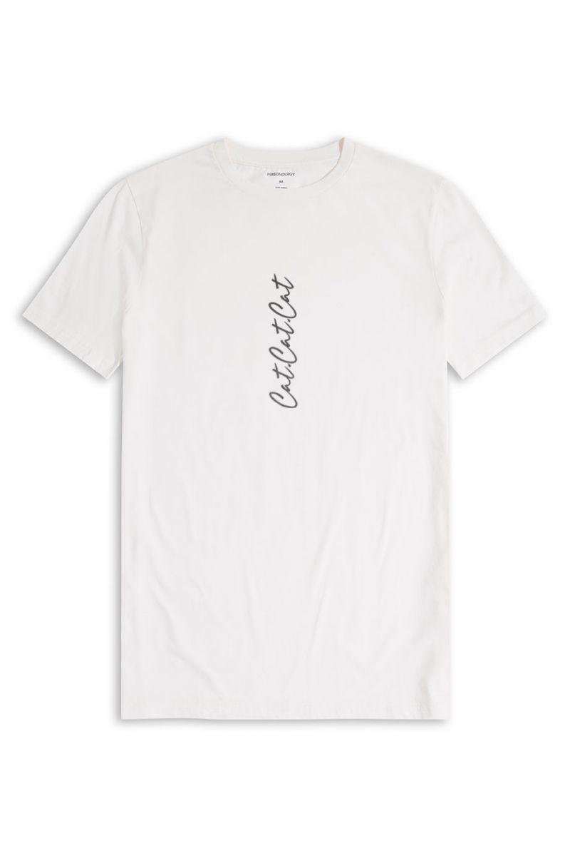 Off White Soft Fabric Cat Design Short Sleeve Tee