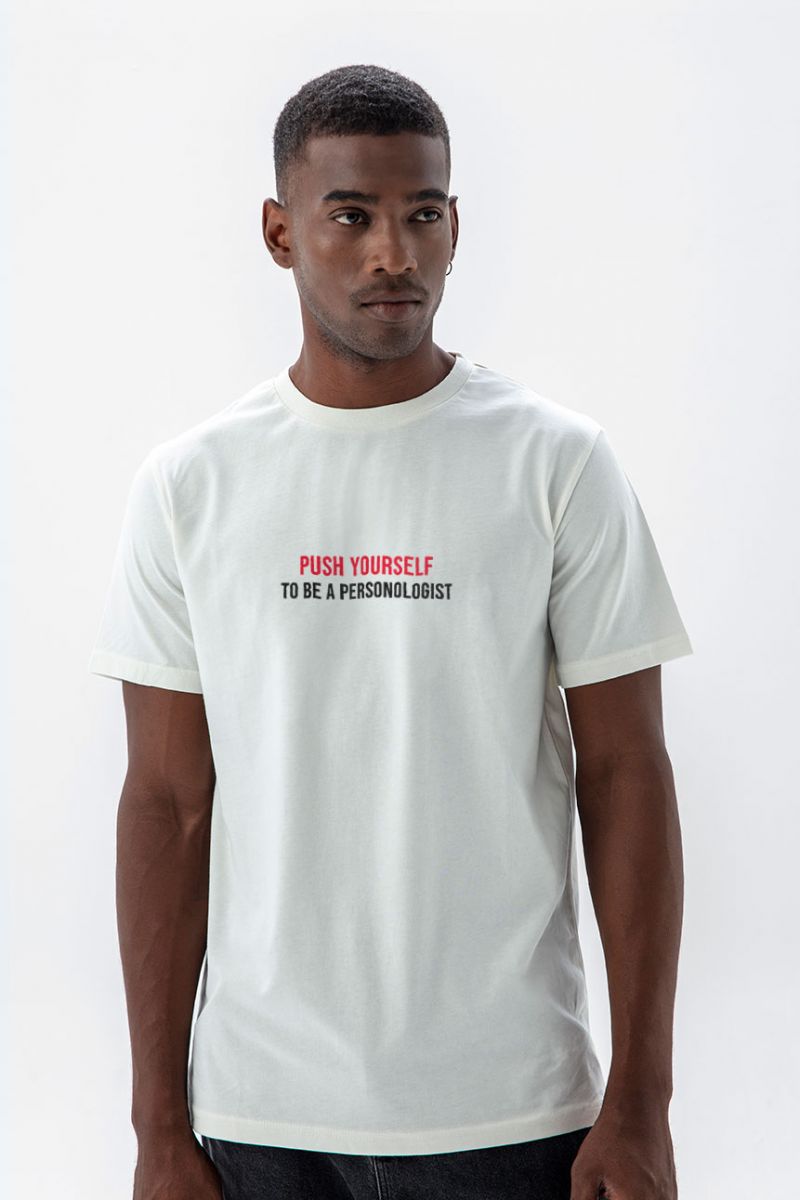 Off White Soft Fabric Push Yourself Design Short Sleeve Tee